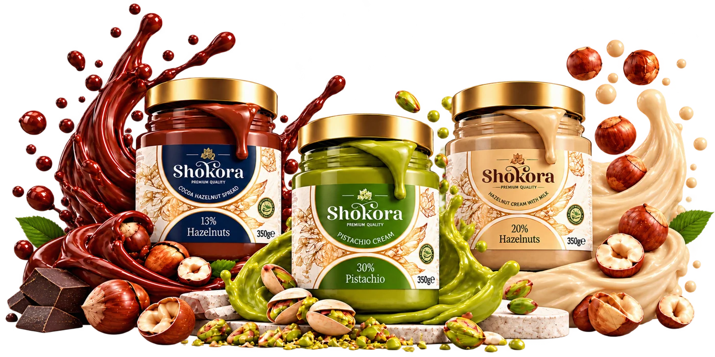 Shokora cocoa hazelnut, pistachio and milky hazelnut spreads with a swirl of ingredients
