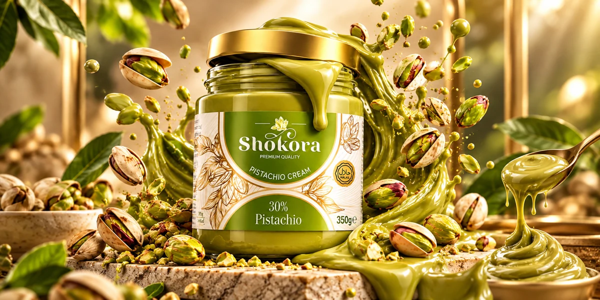 Shokora pistachio cream surrounded by pistachios in warm sunlight